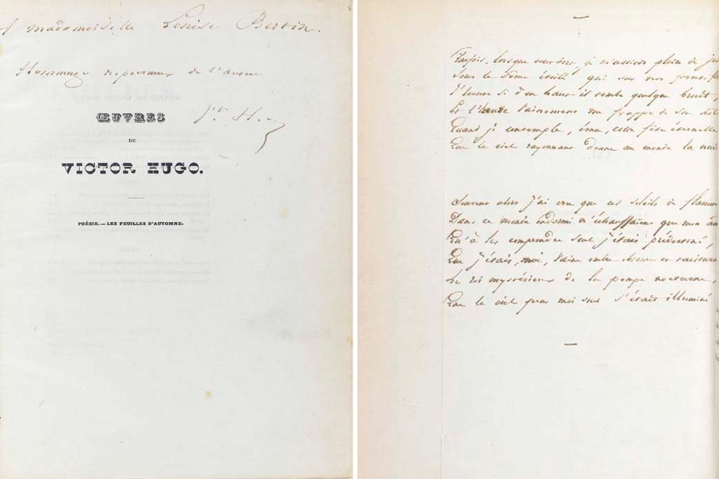 HUGO, Victor (1802-1885). Les Feuilles d'Automne. Paris: Eugène Renduel, 1832. In-8 (239 x 172 mm.). Reliure postérieure en maroquin rouge, plats richement ornés d'une large dentelle dorée, dos lisse orné d'un motif romantique, (dos habilement restauré). (Koehler.)