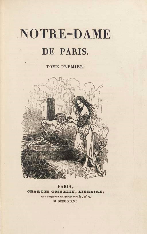 [HUGO, Victor (1802-1885)]. Notre-Dame de Paris. Paris: Gosselin, mars 1831. 2 vol. in-8 (218 x 130 mm.). Reliures sur brochure en demi-maroquin ébène à coins, couvertures originales imprimées sur papier beige conservées, (couvertures restaurées et doublées), dos lisses ornés, (très légèrement frottées).