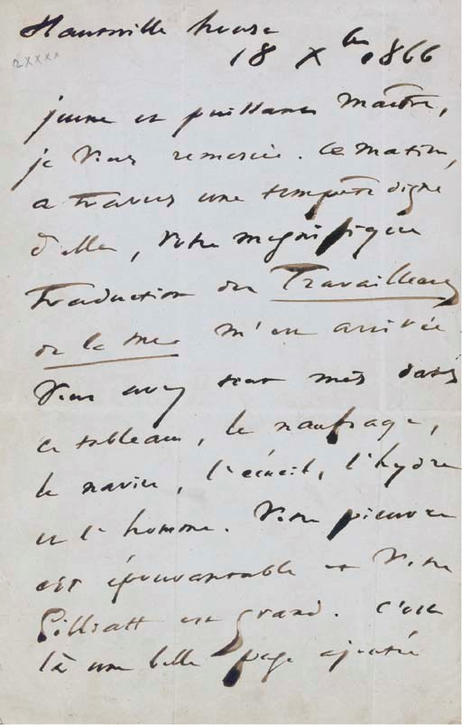 HUGO, Victor (1802-1885). Lettre autographe signée adressée à Gustave DORE. Hauteville House, 18 décembre 1866. 2 pp. in-8 (210 x 136 mm.)