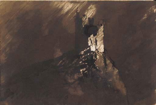 HUGO, Victor (1802-1885). La tour des pendus. Dessin original à l'encre de Chine et lavis brun. Signé en bas à gauche "Victor Hugo", (174 x 255 mm.).