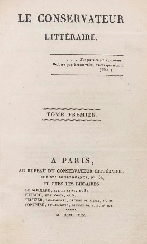 [HUGO, Victor (1802-1885)]-- Le Conservateur Littéraire. Paris: Au Bureau du Conservateur Littéraire et chez les libraires Le Normand, Pichard, Pélicier et Ponthieu, 1819-1820. 3 vol. in-8 (195 x 122 mm.). Reliures en maroquin aubergine, triple filet doré en encadrement sur les plats, dos à nerfs ornés, tranches dorées, une couverture de livraison conservée, étui.