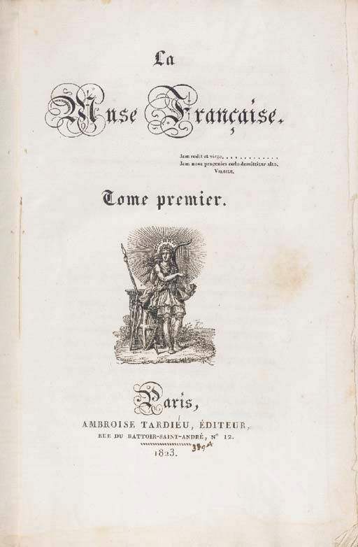[HUGO, Victor (1802-1885)] -- La Muse Française. Paris: Ambroise Tardieu, 1823-1824. 2 vol. in-8 (218 x 13 mm.). Brochés, couvertures muettes roses, chemise et étui de relieur en demi-maroquin bleu.