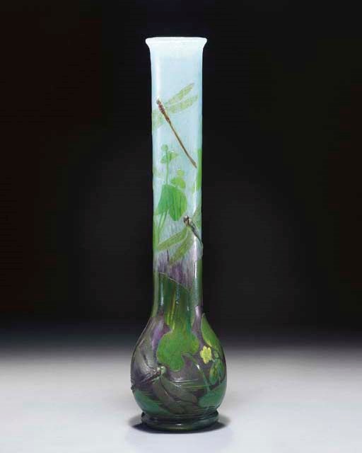 A LARGE ETCHED, ENAMELED, APPLIED AND WHEEL-CARVED GLASS VASE