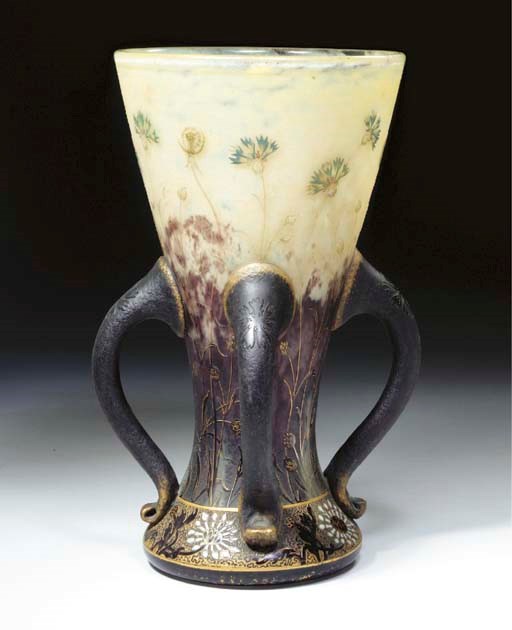 AN ETCHED, ENAMELED, GILT AND APPLIED GLASS VASE