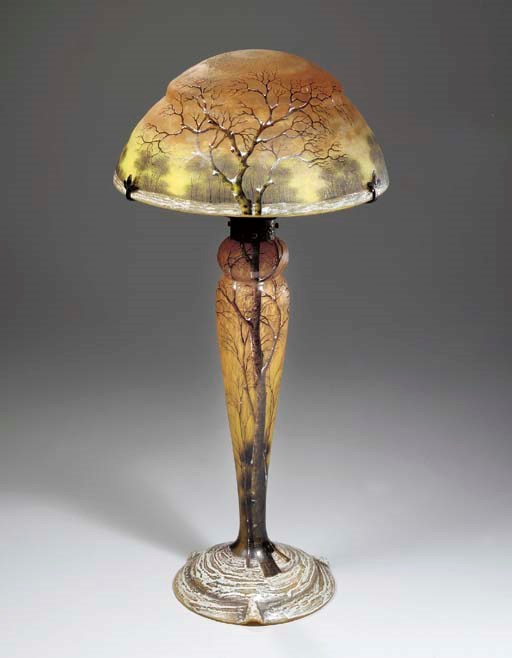 AN ETCHED AND ENAMELED GLASS TABLE LAMP