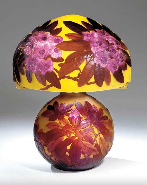 A RED 'RHODODENDRON' MOLD-BLOWN, DOUBLE OVERLAID AND ETCHED GLASS TABLE LAMP
