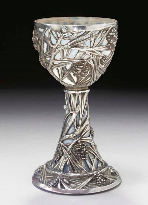 'POMMES DE PIN', A SILVER AND RETICULATED OPALESCENT GLASS CHALICE