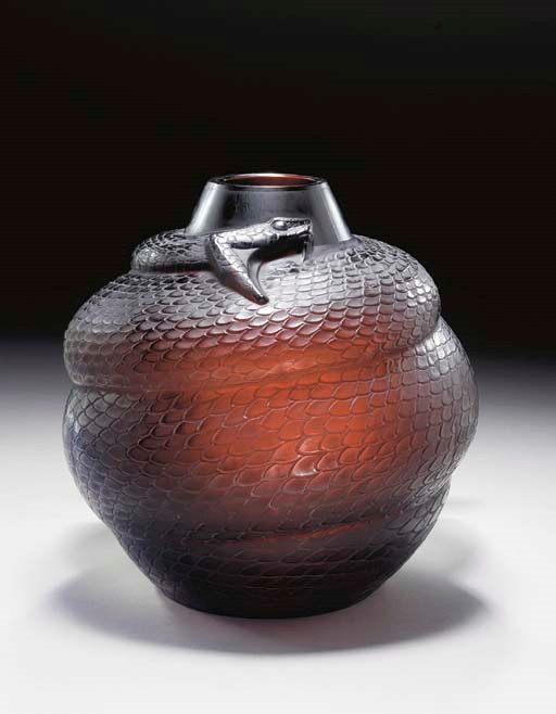 'SERPENT', A FROSTED AMBER GLASS VASE