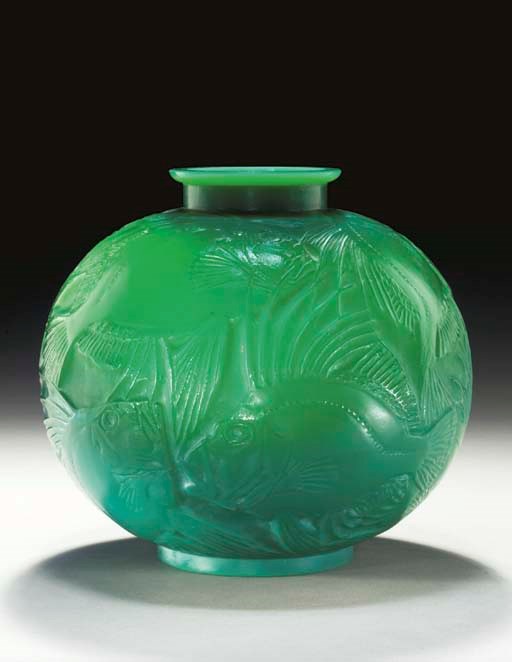 'POISSONS', A CASED JADE GREEN GLASS VASE