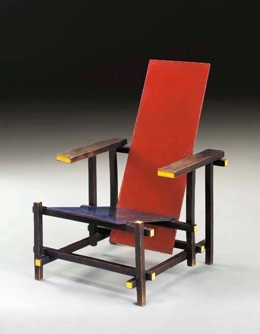 'ROOD BLAUWE STOEL', A LAMINATED AND PAINTED BEECHWOOD ARMCHAIR