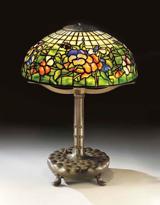 A 'PANSY' LEADED GLASS AND BRONZE TABLE LAMP