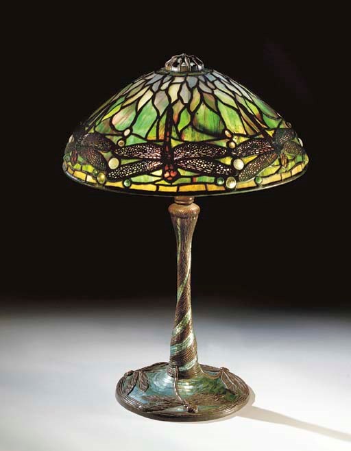 A 'JEWELED DRAGONFLY' LEADED GLASS, BRONZE AND MOSAIC GLASS TABLE LAMP