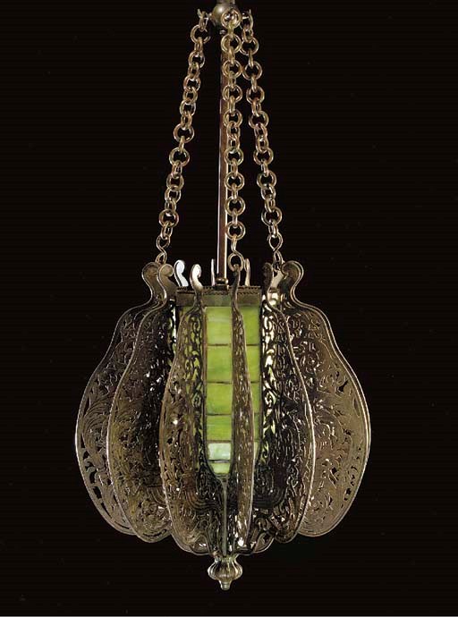 A 'MOORISH' LEADED GLASS AND BRONZE LANTERN