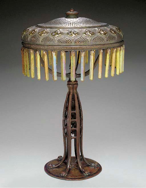 A 'TURTLEBACK TILE' FAVRILE GLASS AND BRONZE TABLE LAMP