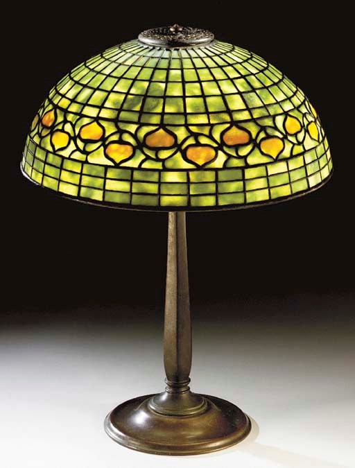 A 'VINE BORDER' LEADED GLASS AND BRONZE TABLE LAMP