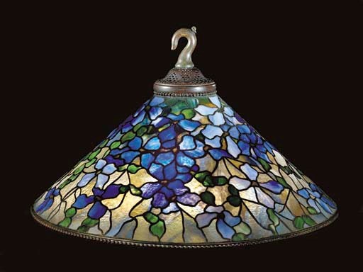 A 'CLEMATIS' LEADED GLASS AND BRONZE CHANDELIER
