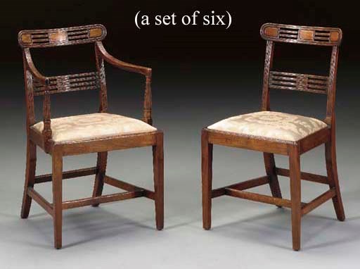A SET OF SIX REGENCY MAHOGANY DINING CHAIRS,
