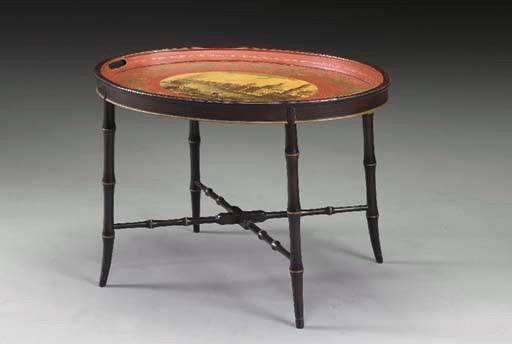 A VICTORIAN POLYCHROME-DECORATED TOLE TRAY ON LATER STAND,