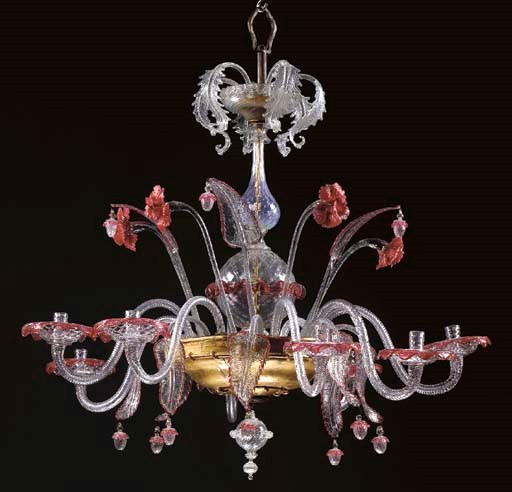 AN ITALIAN GILTWOOD AND MOLDED COLORED AND COLORLESS GLASS EIGHT-LIGHT CHANDELIER,