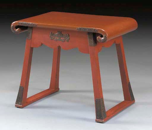 A JAPANESE ENGRAVED COPPER-MOUNTED RED LACQUER LOW TABLE,