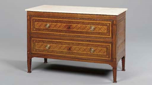 A NORTH ITALIAN NEOCLASSIC FRUITWOOD, MAHOGANY, AMARANTH, MARQUETRY AND PARQUETRY COMMODE,