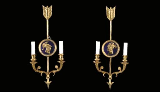 A SET OF EIGHT EMPIRE STYLE ORMOLU AND BLUE-ENAMEL TWO-BRANCH WALL-LIGHTS,