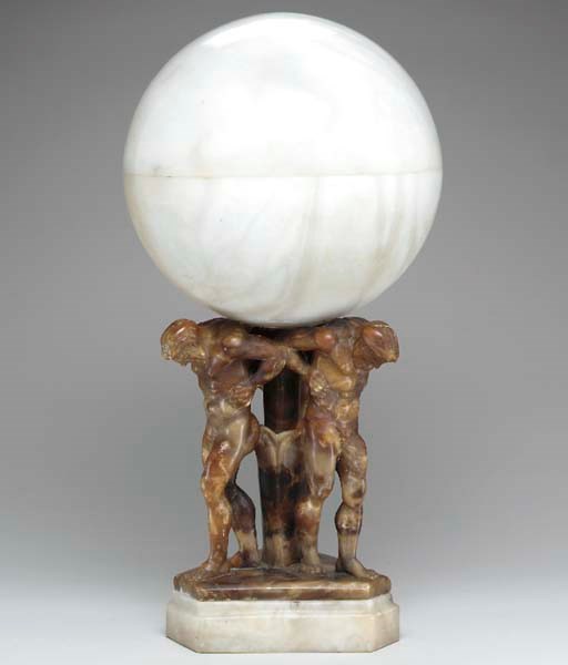 A RED AND WHITE ALABASTER LAMP,