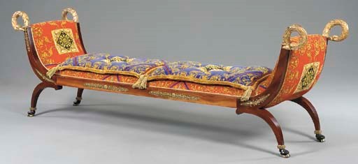 AN EMPIRE STYLE ORMOLU-MOUNTED AND PARCEL-GILT MAHOGANY BENCH,