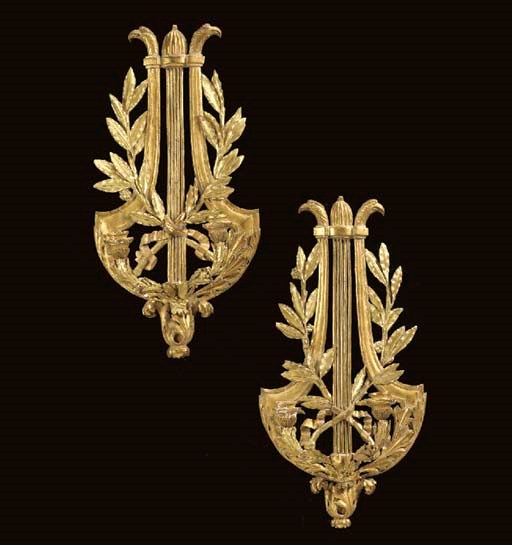 A PAIR OF LOUIS XVI STYLE GILTWOOD TWO-BRANCH WALL LIGHTS,