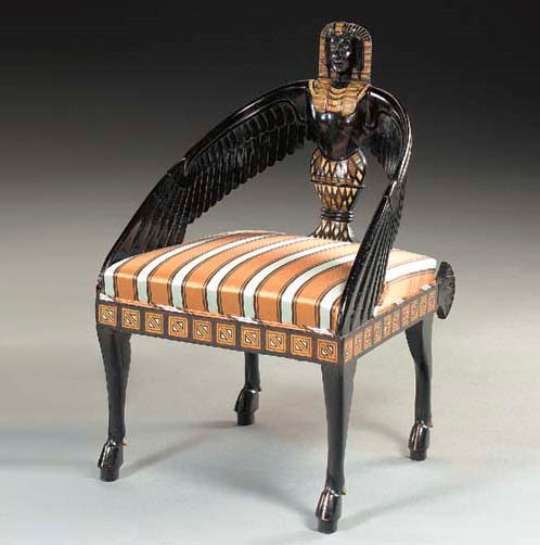 AN EGYPTIAN REVIVAL BONE, STAINED-HORN AND PARQUETRY-INLAID EBONIZED MAHOGANY ARMCHAIR,