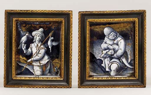 A PAIR OF RECTANGULAR ENAMEL PLAQUES REPRESENTING AIR AND WATER