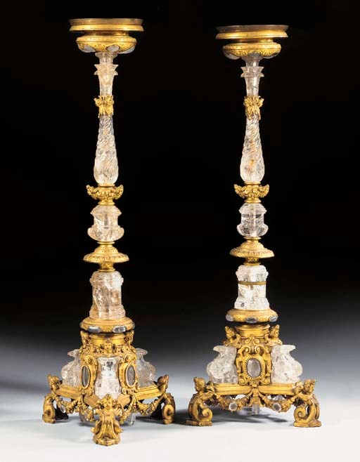 A PAIR OF ROCK CRYSTAL AND GILT-COPPER CANDLESTICKS