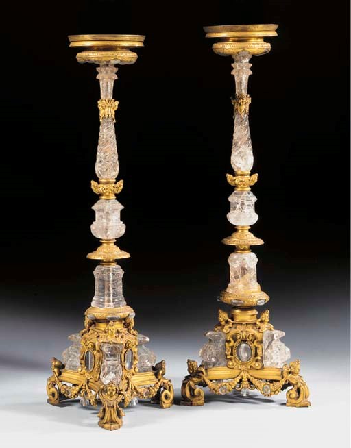 A PAIR OF ROCK CRYSTAL AND GILT-COPPER CANDLESTICKS