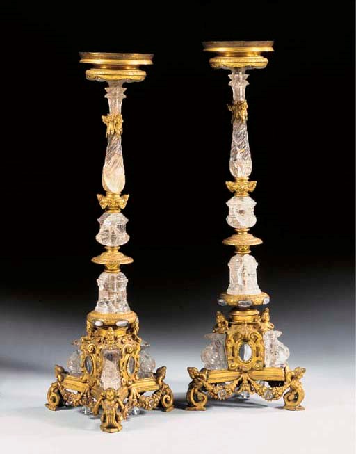 A PAIR OF ROCK CRYSTAL AND GILT-COPPER CANDLESTICKS