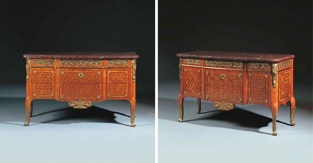 A PAIR OF LATE LOUIS XV ORMOLU-MOUNTED KINGWOOD AND TULIPWOOD PARQUETRY COMMODES