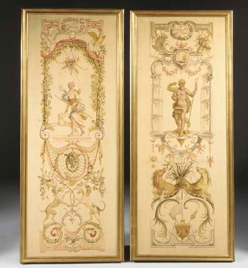 A PAIR OF GOBELINS TAPESTRY PANELS FROM 'LES DOUZE MOIS GROTHESQUES'