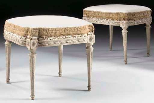 A PAIR OF LOUIS XVI WHITE-PAINTED WALNUT TABOURETS