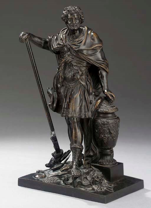 A BRONZED IRON FIGURE OF HANNIBAL COUNTING THE RINGS OF THE ROMAN KNIGHTS KILLED AT THE BATTLE OF CANNAE