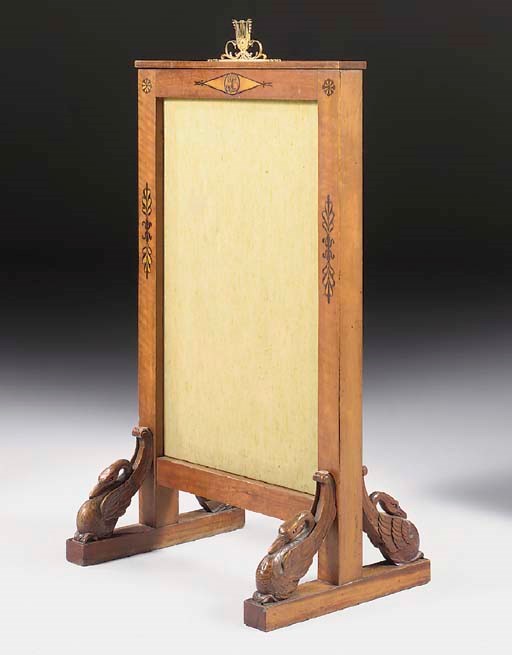 AN ITALIAN ORMOLU-MOUNTED EBONY-INLAID, SATINWOOD AND FRUITWOOD FIRESCREEN