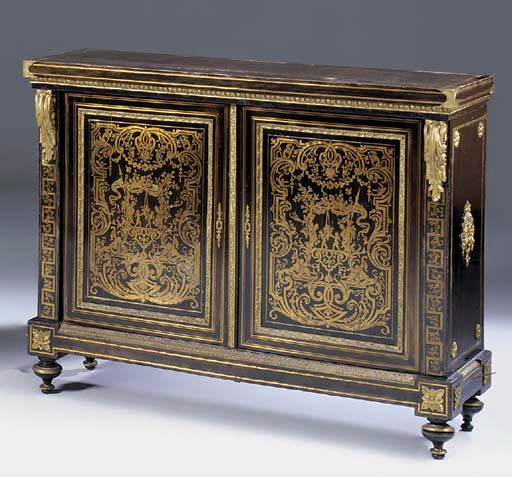 An ebonised and brass inlaid side cabinet, late 19th century