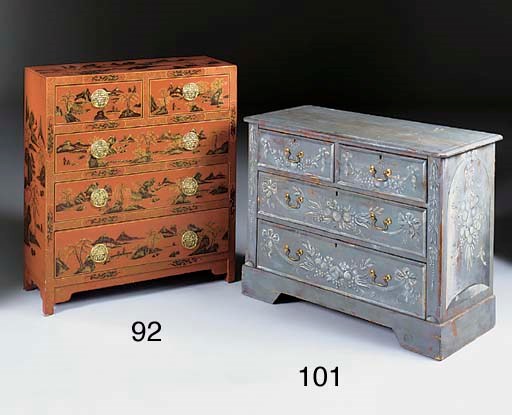 A Chinese red japanned and polychrome decorated chest of drawers, 20th century