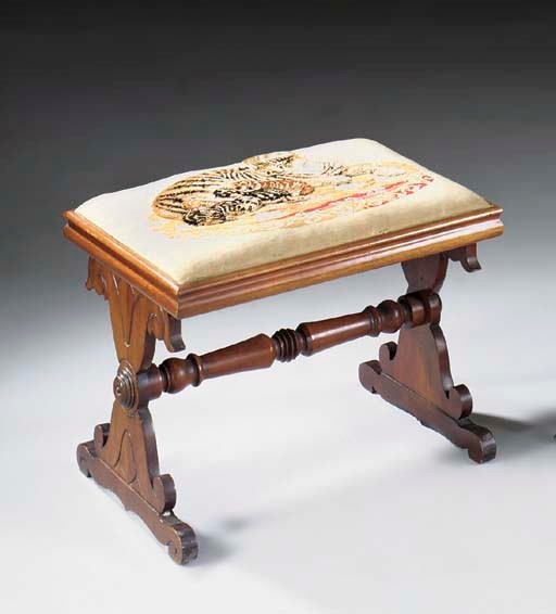 A MAHOGANY NEEDLEWORK AND WOOLWORK STOOL, 19TH CENTURY