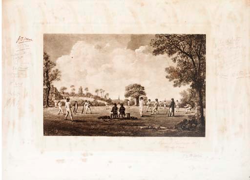 HAMBLEDON -- A Match at Hambledon 1777 ('The Cradle of Cricket'), photogravure, published August 17th 1908 by Fores, London, with 17 signatures in pencil in the blank margins, including C.B. Fry, J.T. Hearne, G.L. Jessop, P. Mead, and J.A. Newman (some spotting), framed and glazed, 25¼ x 33¼in. (64.2 x 82cm.) overall.