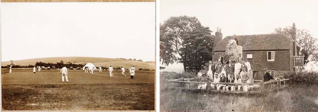 HAMBELDON -- A pair of large original photographs by The Times, one showing a match in progress between Hambeldon and Downing College, Cambridge, at Broadhalfpenny Downs, Thursday 25th June 1931, the other the team members grouped around the stone in front of the Bat and Ball Inn which marks the site where many historic matches were played, framed and glazed, 29½ x 24½in. (75 x 62.2cm) overall. 	 (2)