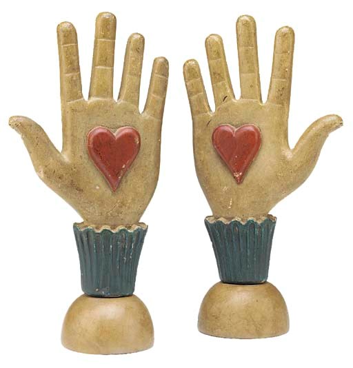 A pair of polychrome wood heart-in-hand lodge symbol finials, possibly late 19th century