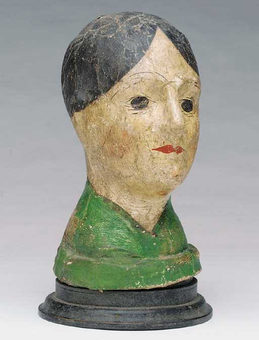 A French papier mâché polychrome wig-makers' or milliners' marotte, circa 1880