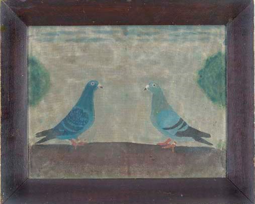 An English naive painting of two pigeons, 20th century