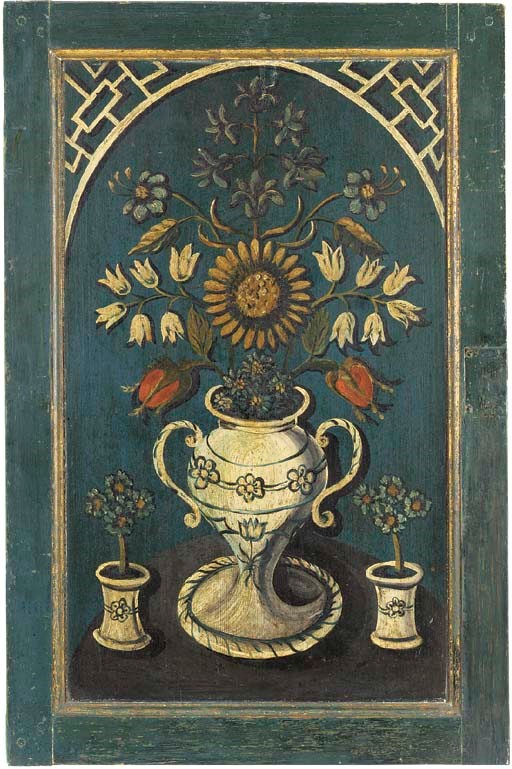A polychrome panelled wood corner cupboard door, 19th century