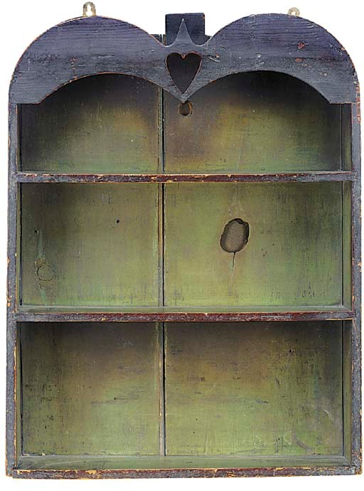 A set of British green painted pine hanging shelves, mid 19th century