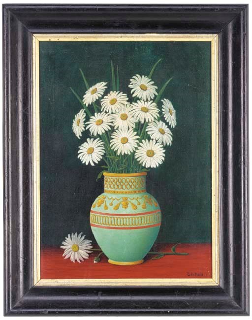A naive painting of a bouquet of moon daisies, by E H Hall, 20th century